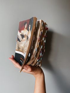 a person holding up a book with pictures on the front and back covers in their hands