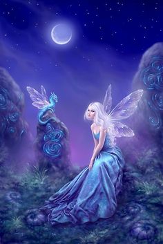 a painting of a fairy sitting on the ground in front of a moon and stars