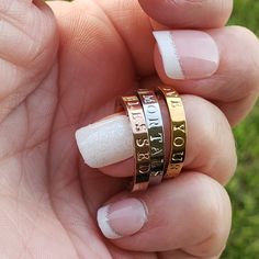 This 3 mm wide ring is hand stamped on a stainless steel ring band in your choice of silver or gold tone. Great to stack or wear individually for a minimalist look. *Listing is for one ( 1 ) ring *3 mm wide band available in whole sizes 5 - 11 *15 characters and spaces fit ring Can not be stamped on inside - OUTSIDE STAMPING ONLY. Does not tarnish. Each item is made to order. Pictures are for example purposes only. Hand stamping is a process involving hand tools and a hammer. Each item will look Stackable Name Rings, Mantra Ring, Word Ring, Steampunk Rings, Gifts For Female Friends, Friend Rings, Mom Ring, Stamped Rings, Name Ring