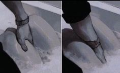 two pictures of someone's feet in a bathtub with water and foam on the floor