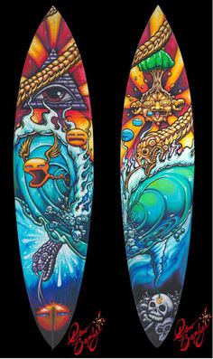 two surfboards with different designs on them