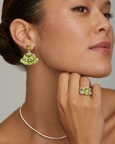 18K Yellow Gold Oval Fan Earring with Peridot, Green Tourmaline, Green Amethyst, and Diamonds, .03 TCW1 1/2 Inch Long x 1 1/4 Inch Wide Style# YEOFPDGTGAW Luxury Green Amethyst Jewelry, Luxury Oval Multi-stone Jewelry, Luxury Faceted Peridot Jewelry, Peridot Green, Fan Earrings, Oval Ring, Oval Rings, Green Amethyst, Green Tourmaline