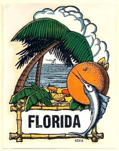 the florida state seal is depicted on a white background with palm trees and an orange