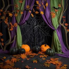 halloween decorations with pumpkins and spider web in front of purple drapes, black background