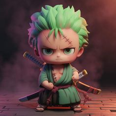 a cartoon character with green hair holding two swords