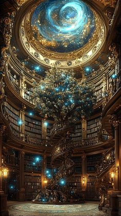 the interior of a library with bookshelves and spiral staircases, lit up by blue lights