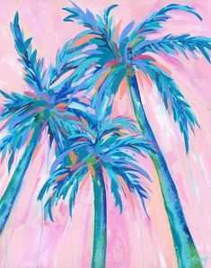 painting of three palm trees against a pink background with blue and green leaves in the foreground