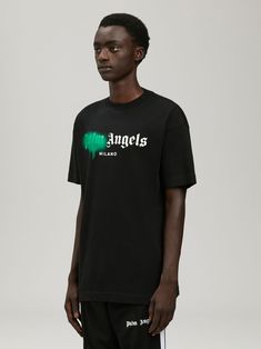 MILANO SPRAYED T-SHIRT - Palm Angels® Official Palm Angels, Logo T Shirt, Black Green, Tshirt Logo, Size Clothing, Polo Shirt, Coats Jackets, Graphic Tees, Spray