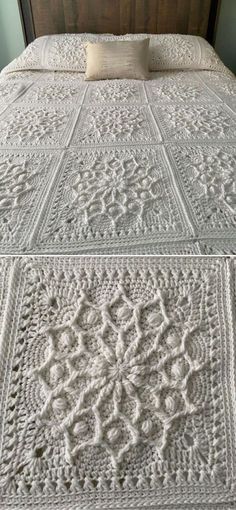 a white crocheted bedspread on top of a wooden headboard and foot board