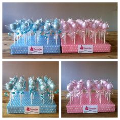 three pictures of candy lollipops in pink and blue colors with bows on them