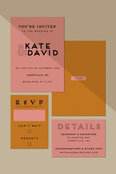 an orange and pink wedding card with the words, you're invited to the wedding of kate and david