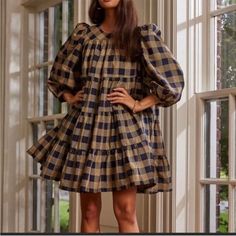 Summersalt The Tiered Mini Dress - Buffalo Check In Midnight & Toffee Size Large New With Tag 3/4 Sleeves Boxy Fit Zara Summer Dress, Toffee Color, Vintage Dress Blue, Zara Summer, Tiered Mini Dress, Tie Neck Dress, Dress Cottagecore, Blue Striped Shirt, Flannel Dress