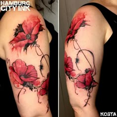 two pictures of the same arm with red flowers on it and one has black ink