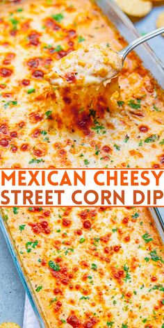 mexican cheesy street corn dip in a casserole dish