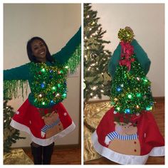 Ugly Sweater Dress Up Like A Christmas Tree, Christmas Tree Sweater Diy, Diy Christmas Tree Sweater, Christmas Theme Costumes, Christmas Tree Skirt Outfit, Dress Like A Christmas Tree For School, Diy Ugly Sweater Ideas For Kids, Dress Like A Christmas Tree, Ugly Christmas Sweaters Ideas