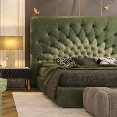 a bed with green velvet headboard and foot board