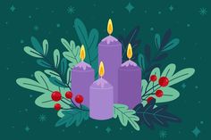 three purple candles surrounded by greenery and berries on a dark green background with snowflakes