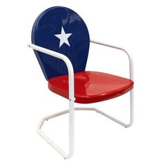 a red, white and blue chair with a star on it's backrest