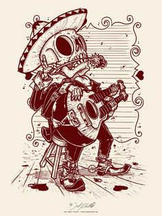 a drawing of a skeleton playing the guitar and wearing a sombrero with a mexican hat