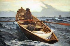 a painting of a man in a row boat on choppy water, with the paddle up