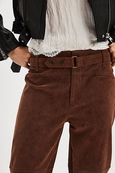 So soft in vegan suede, these Western-inpired pants from our We The Free collection will turn heads from this season to the next. **Fit:** High-rise, slim bootcut fit **Features:** Zip fly closure, adjustable belted waistband, soft vegan suede fabrication, yoke seam at front **Why We ❤ It:** Toughened up with moto boots or off-duty with court sneakers, this pair has endless ways to wear. | We The Free Titan Vegan Suede Pants at Free People in Brown, Size: 26 Cowhide Pants, Boot Pants, Suede Pants, Vegan Boots, Trouser Style, Style Mistakes, Free People Pants, Slim Pants, Moto Boots