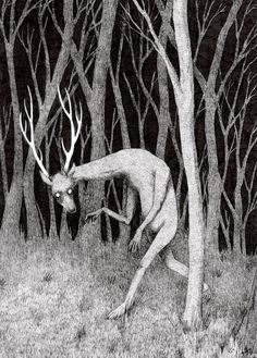 an image of a deer in the woods with trees and chinese characters on it's back