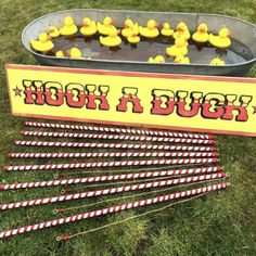 a sign that says hook a duck next to several rubber ducks in a tub filled with water