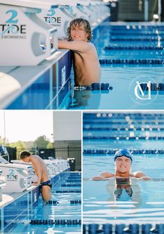 the boy is swimming in the pool with his hands on the side of the pool