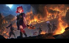 an animated image of a woman standing in front of a fire filled city with lots of people