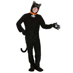 a man in a black cat costume is standing with his hands out and smiling at the camera