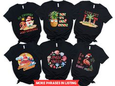 six t - shirts with different designs on them and the words, more phrases in listing