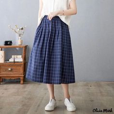 Olivia Mark - Vintage High-Waisted Midi Skirt in Artistic Cotton and Linen Plaid Design Umbrella Skirt, High Waisted Maxi Skirt, Knit Pencil Skirt, Skirts Midi High Waisted, Vintage Flare, Knit Midi Skirt, Half Skirt, Plaid Design, Knit Midi