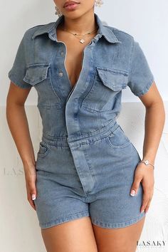 Lasaky - Bold Denim Jumpsuit with Adjustable Sleeveless Style and Decorative Buckle Blue Jean Jumpsuit, Short Sleeve Denim Jumpsuit, Jean Jumpsuit, Jumpsuit Shorts, Summer Jumpsuit, Collar Jumpsuit, Solid Jumpsuit, Ootd Summer, Denim Romper