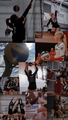 collage of volleyball players in black and white uniforms, with the ball above their head