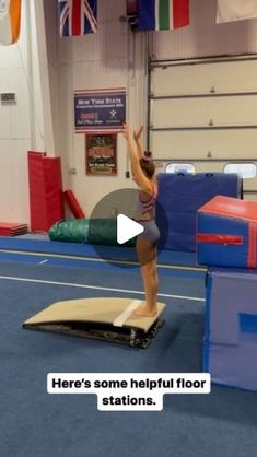 a person on a balance beam in an indoor gym area with the caption here's some helpful floor stations