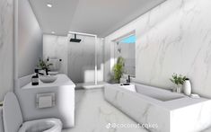 a bathroom with white marble walls and floors