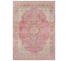 a pink and beige rug with an ornate design