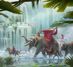 some elephants are walking in the water with people riding on them and birds flying around