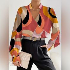 Abstract Print V-Neck Blouse, Elegant Lantern Sleeve Loose Blouse For Spring & Fall, Women's Clothing Boutique Sizes Available In Lettering: Xs (2) S (4) M (6) L (8/10) Xl (12) Xxl (14) !!*Please Note*!! *This Is A Pre-Order Item And Requires A Longer Shipping Time. Please Allow 7-14 Business Days Before Shipping.* Thank You For Your Patience. Once Ordered Is Placed We Will Notify You Of An Expected Shipping Date. Bundle 2 Or More Items From My Closet For A 15% Discount. Tags: Spring Summer Fall Long Sleeve V Neck Shirt, Purple Spring, Womens Basic Tops, Mens Outdoor Jackets, Coachella Dress, Cotton Linen Pants, V Neck Shirt, Linen Shirt Men, Loose Blouse