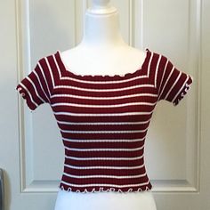 Brand New And Never Worn Color: Wine/Burgundy Size: One Size Material: Cotton/Polyester Pattern: Stripe Square Neck Burgundy Short Sleeve Top For Fall, Burgundy Casual Short Sleeve Top, Casual Burgundy Short Sleeve Top, Casual Red Knit Top, Trendy Burgundy Cotton Tops, Burgundy Casual Crew Neck Top, Casual Burgundy Crew Neck Top, Burgundy Short Sleeve Tops For Summer, Fitted Ribbed Burgundy Top