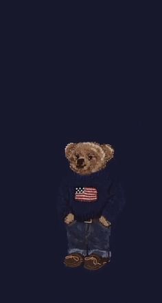 a teddy bear with an american flag on it's shirt is standing in the dark