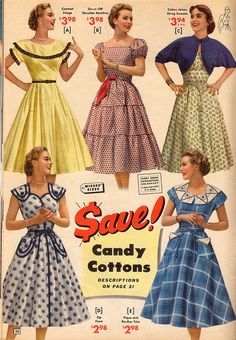 Inspiration: House Day dress....Swoon-worthily darling summer cotton dresses from 1953 (I want the bottom two in particular sooo bad!). #vintage #1950s #dresses #fashion #catalogs 50s day casual full skirt fit flare plaid floral yellow blue white red green 1953 Fashion, Cotton Dress Summer