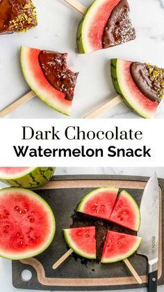 chocolate watermelon snack on a cutting board with slices cut out and the words dark chocolate watermelon snack above it