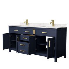 a double sink vanity with two gold faucets on the top and drawers underneath