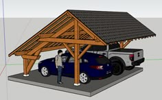 a man standing next to a blue car under a wooden structure