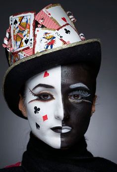 wild card #pokernight Playing Cards Makeup Look, Card Makeup, Deck Of Cards Halloween Costume, Playing Card Halloween Costume, Magician Makeup, Cards Costume Diy, Playing Cards Halloween Makeup, Harlequin Makeup, Card Costume