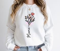 Floral Mama Sweatshirt, Wildflowers Mama Sweater, Flowers Mom Hoodie, Mothers Day Cute Gift, Mother Day Hoodie, Mom Shirts, New Mama Sweater Message for any details please! ☀️☀️☀️☀️☀️ Everything in our shop is hand crafted and made to order. If you want different color or size contact me! If you would like something custom made to fit your personal style please message me and I will do everything to get you that something special. ---How To Order--- ⭐️Please, check and review all photos ⭐️Choose Long Sleeve Hoodie With Letter Print For Mother's Day, White Crew Neck Hoodie For Mother's Day, Mother's Day Casual Long Sleeve Sweatshirt, Casual Long Sleeve Sweatshirt For Mother's Day, Spring Gift Long Sleeve Sweatshirt, Spring Long Sleeve Sweatshirt, Sweater Flowers, Mama Pullover, Mama Sweater