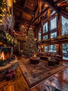 a living room filled with furniture and a christmas tree in the middle of the room