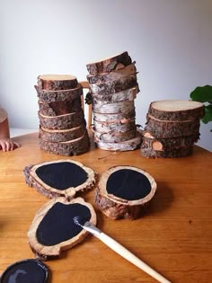 a young boy sitting at a table with several pieces of wood cut in half to look like tree trunks