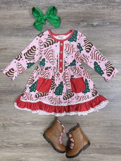 O Christmas Tree Cake Girls Ruffle Trim Pocket Dress - Sydney So Sweet Girls Legging Outfits, Ohio Girls, O Christmas Tree, Cute Christmas Outfits, Girls Christmas Outfits, Tree Cake, Christmas Tree Cake, Girls Boutique Clothing, Nice List